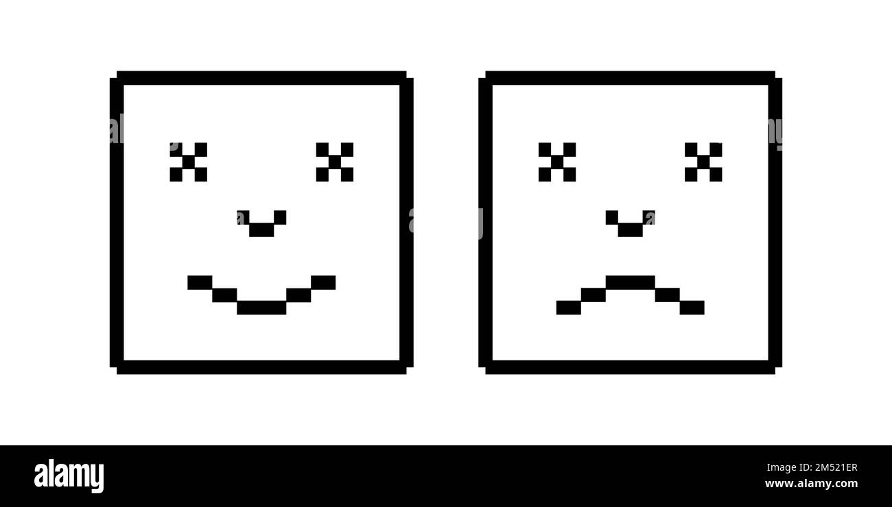 Pixels triste et heureux visages linéaires dans le carré. Vecteur d'icônes plates Illustration de Vecteur