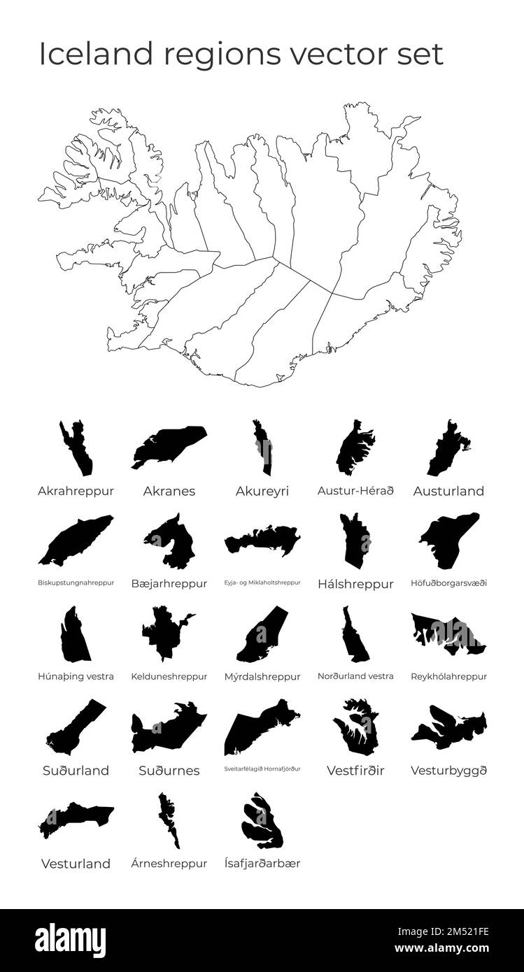 Carte de l'Islande avec les formes des régions. Carte vectorielle vierge du pays avec les régions. Frontières du pays pour votre infographie. Illustration vectorielle. Illustration de Vecteur