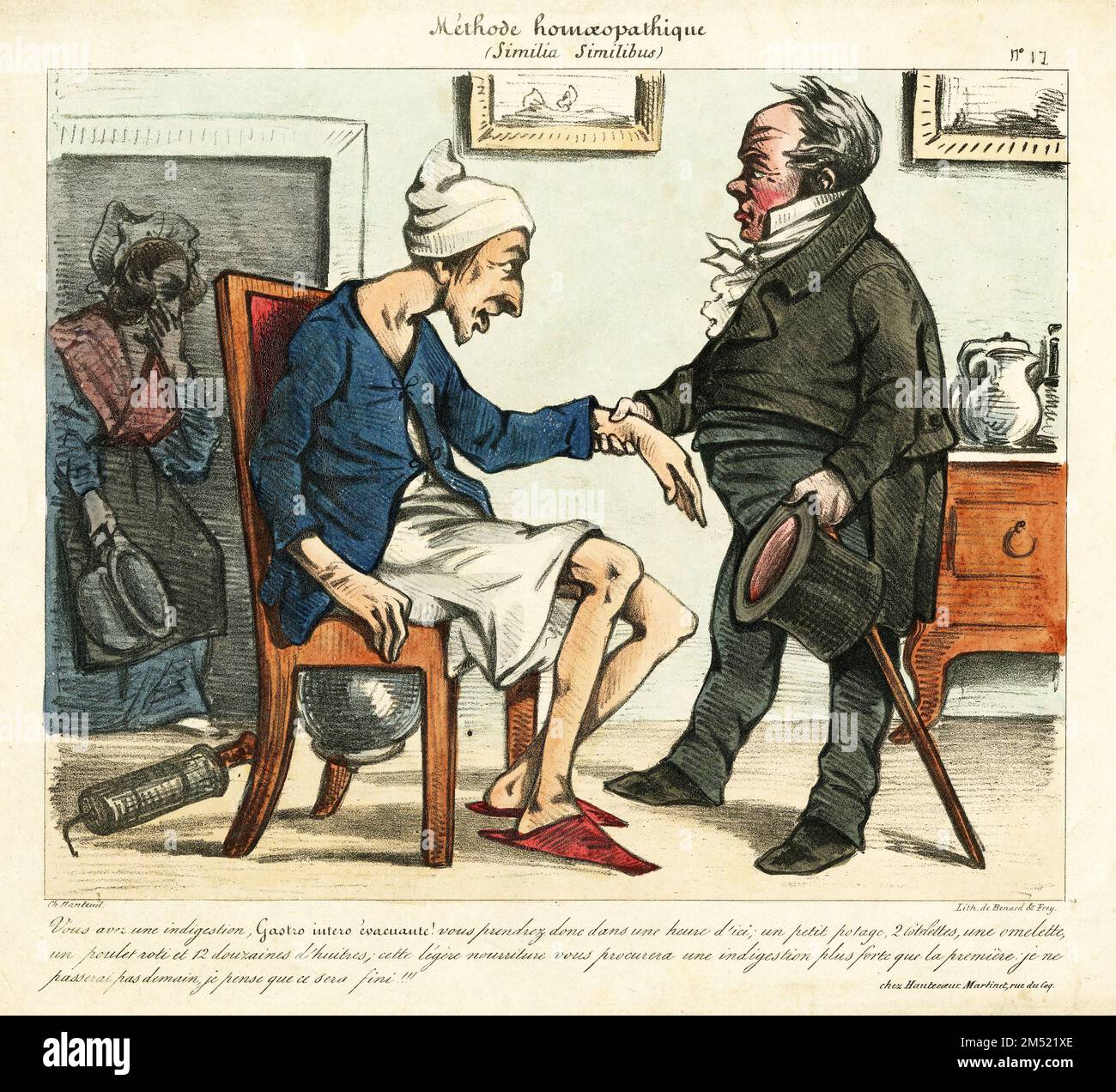 Gravure colorée moquant les méthodes de remèdes homéopathiques pour l'indigestion. D'une publication française à la fin de 1700s. Banque D'Images