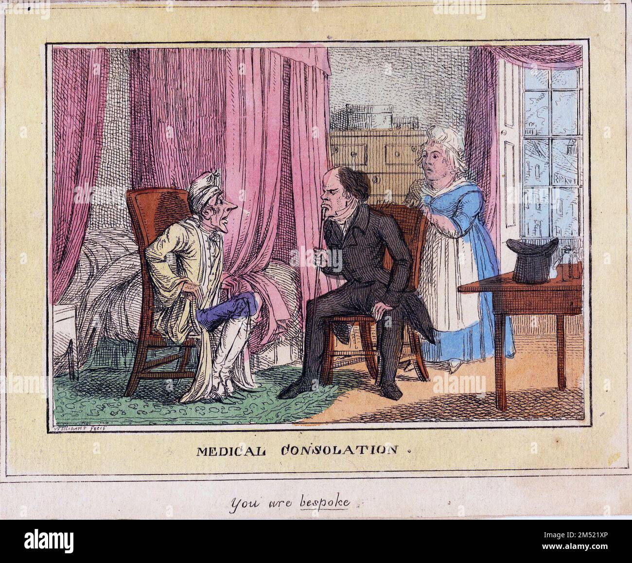 Une des quatre gravures de Charles Williams traitant des relations médecin-patient et du paiement des services, vers 1823. Banque D'Images