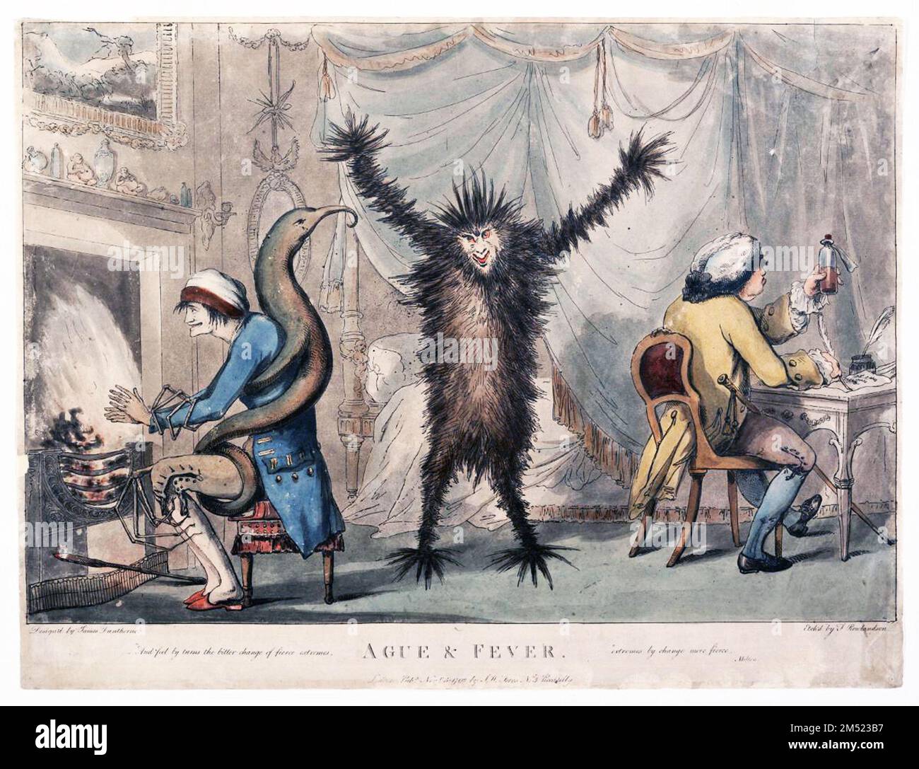 La gravure de Thomas Rowlandson montre Ague, le serpent, enveloppé autour du patient, tandis que la fièvre, le monstre à fourrure, se tient derrière lui. À droite, un médecin rédige une ordonnance. Une citation de Milton au bas de l'imprimé indique, « et alimenté par tour le changement amer des extrêmes féroces, les extrêmes par changement plus féroces ». 1792 Banque D'Images