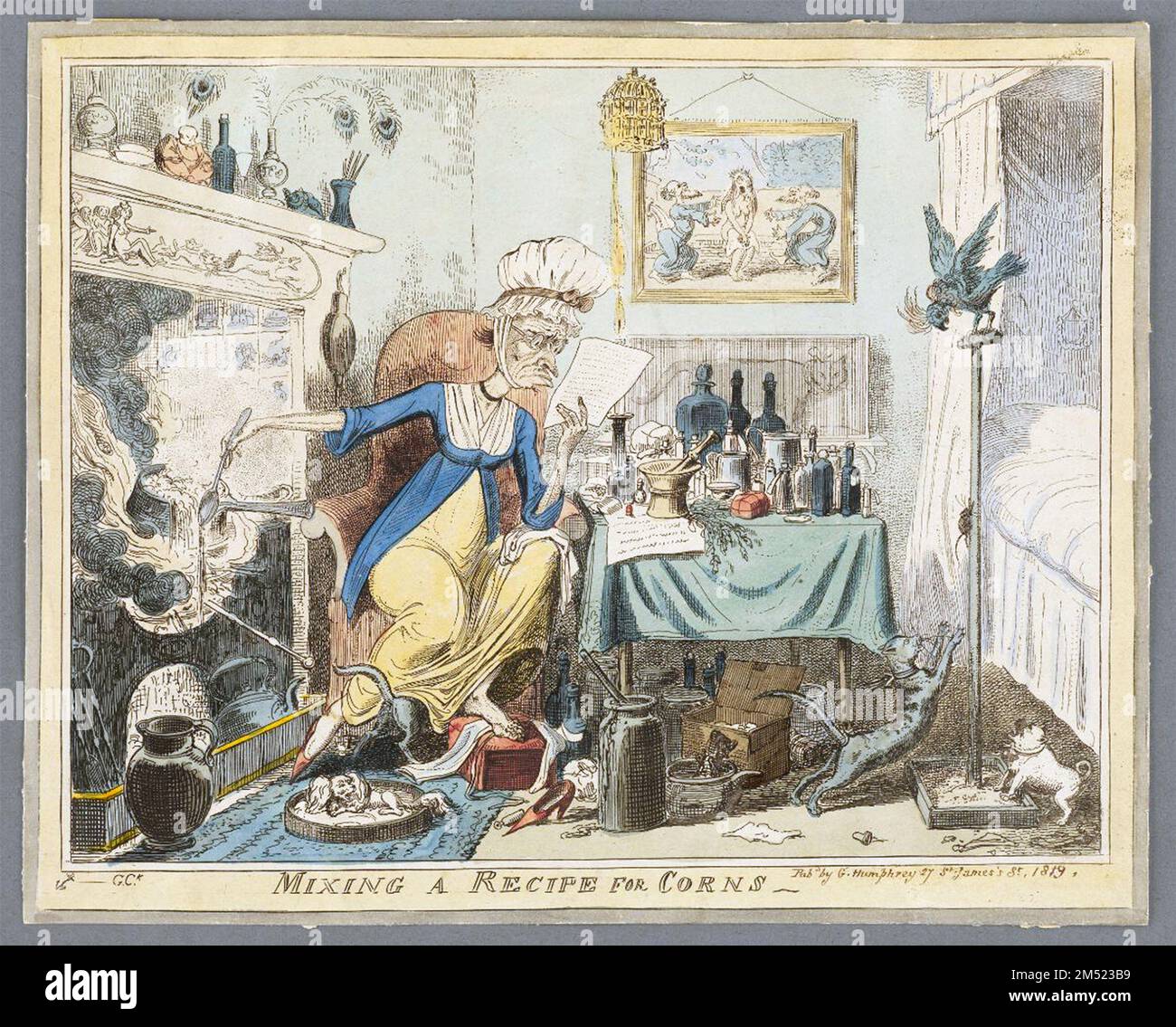 Au milieu du chaos de sa maison, une femme grotesque est obsédée par un remède pour ses cornes tandis que l'artiste George Cruikshank commente les pièges de l'automédication. Publié 1819 Banque D'Images