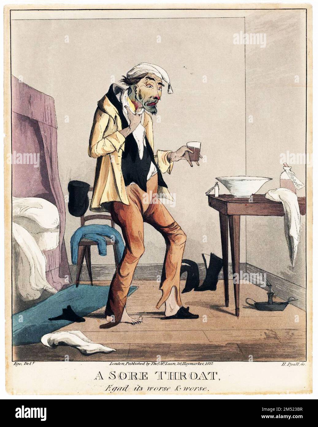 Caricature d'un homme malade avec un mal de gorge, par Henry Pyall, 1827 Banque D'Images