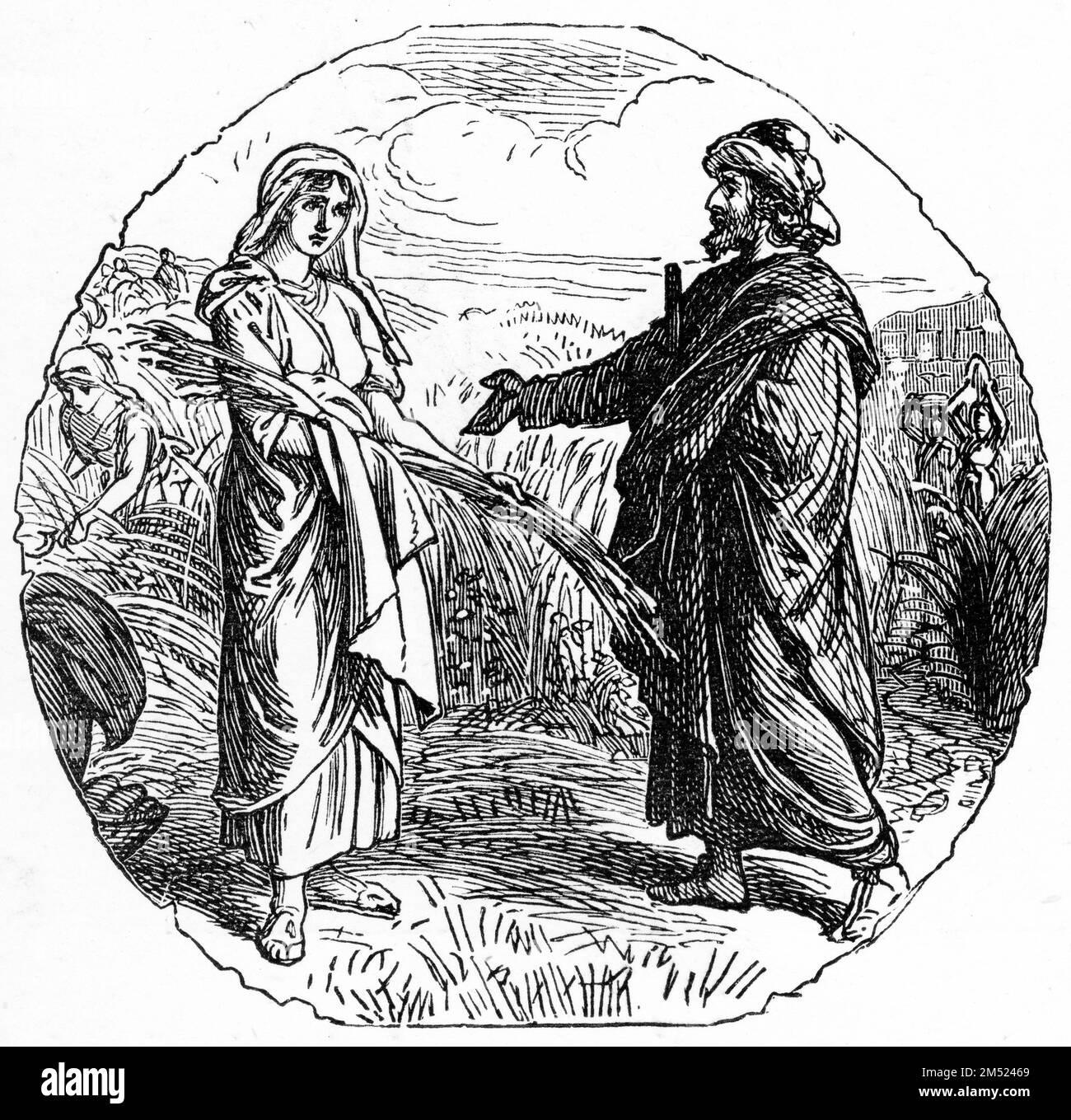 Gravure de Boaz encourageant Ruth à se glaner dans ses champs, vers 1880 Banque D'Images