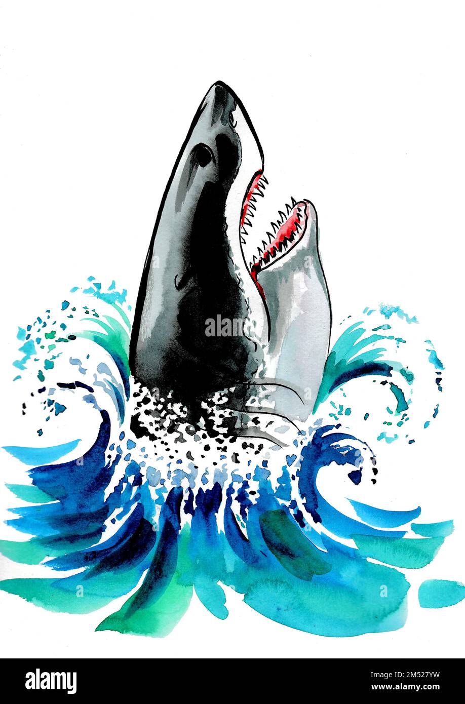 Requin en colère dans l'eau de l'océan. Dessin à l'encre et aquarelle Banque D'Images