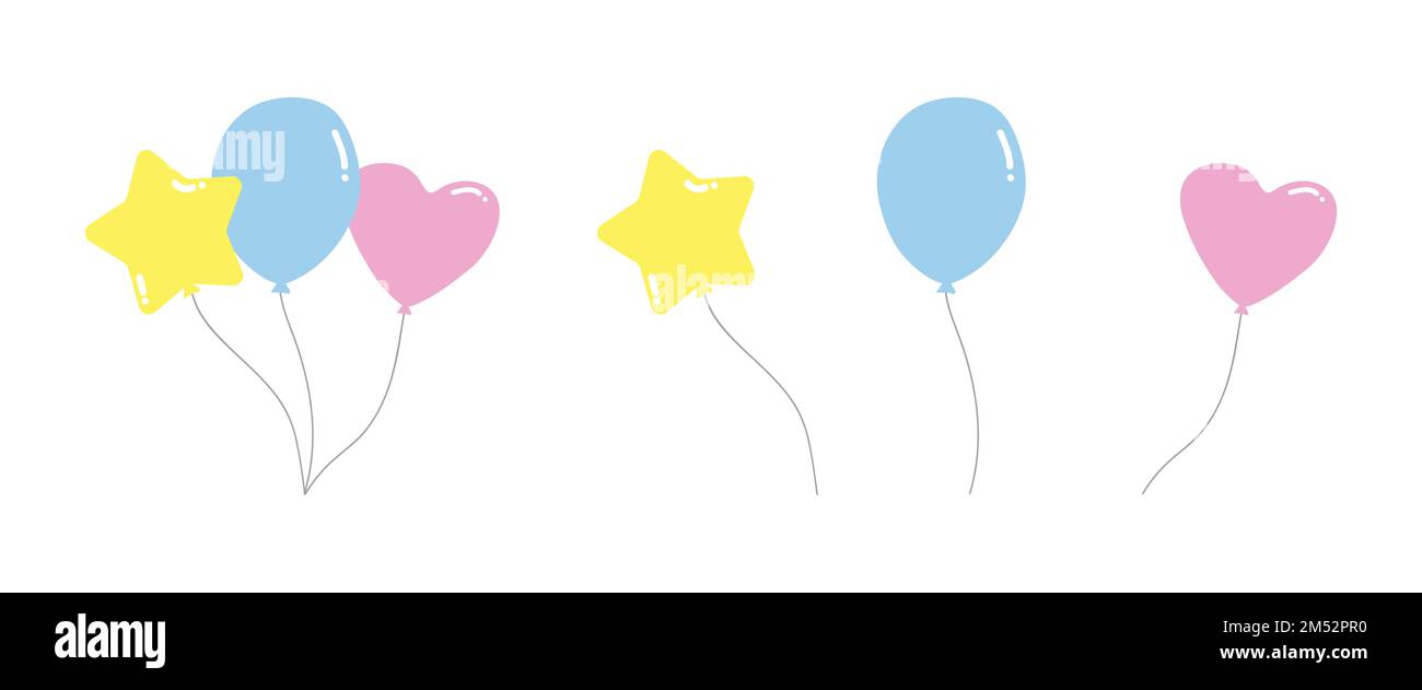 Ensemble vectoriel de ballons de bébé clipart. Ballons simples mignons avec différentes couleurs et formes illustration vectorielle plate. En forme d'étoile, ronde, en forme de coeur Illustration de Vecteur