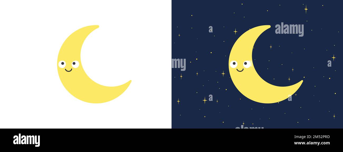 Crescent Moon avec kawaii face à la clipart. Illustration simple à vecteur plat croissant de lune jaune souriant. Personnage de dessin animé Happy Crescent Moon Illustration de Vecteur