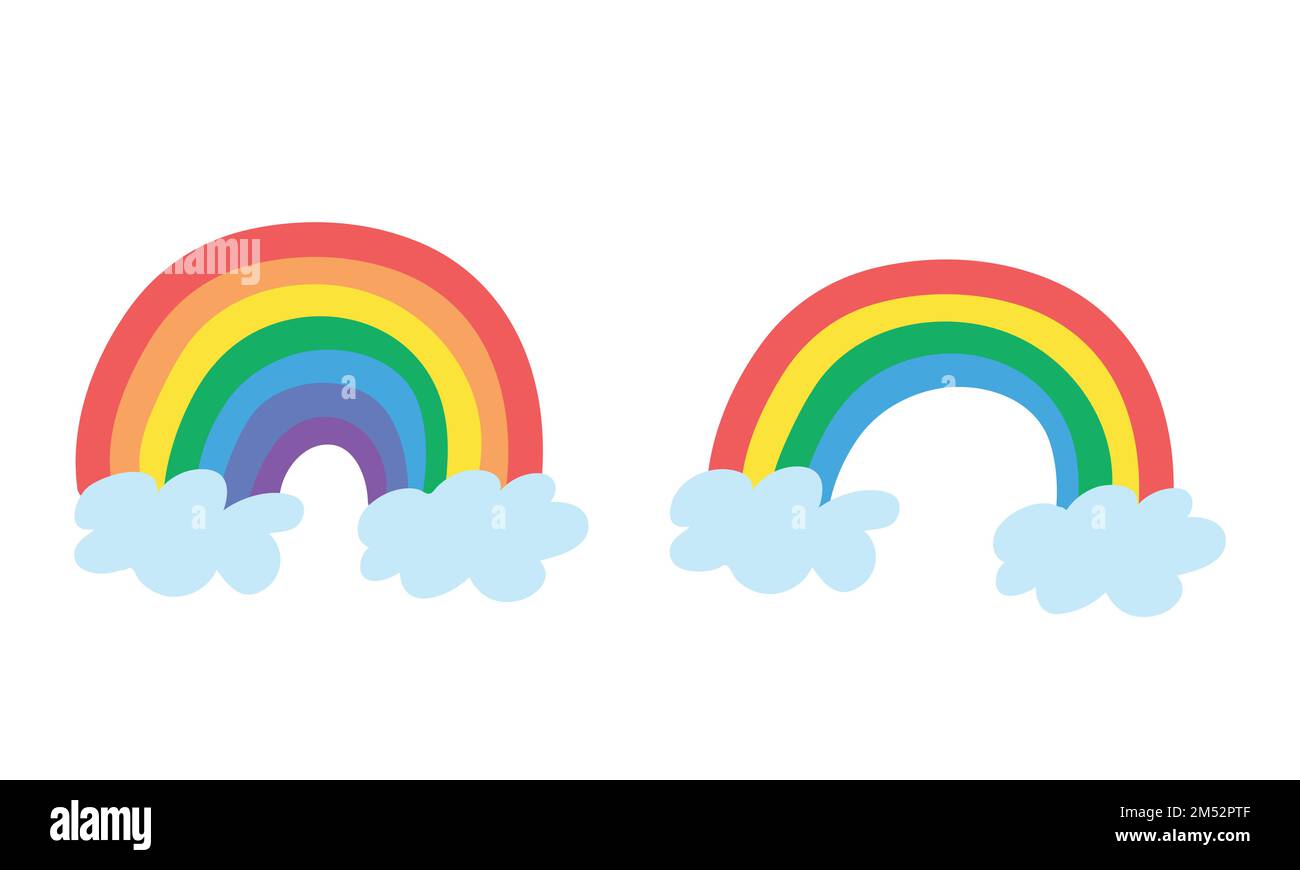 Ensemble de dessins animés arc-en-ciel clipart. Illustration simple et mignonne arc-en-ciel 7 couleurs et 4 couleurs à vecteur plat. Arc-en-ciel coloré avec icône de style dessin animé nuages Illustration de Vecteur
