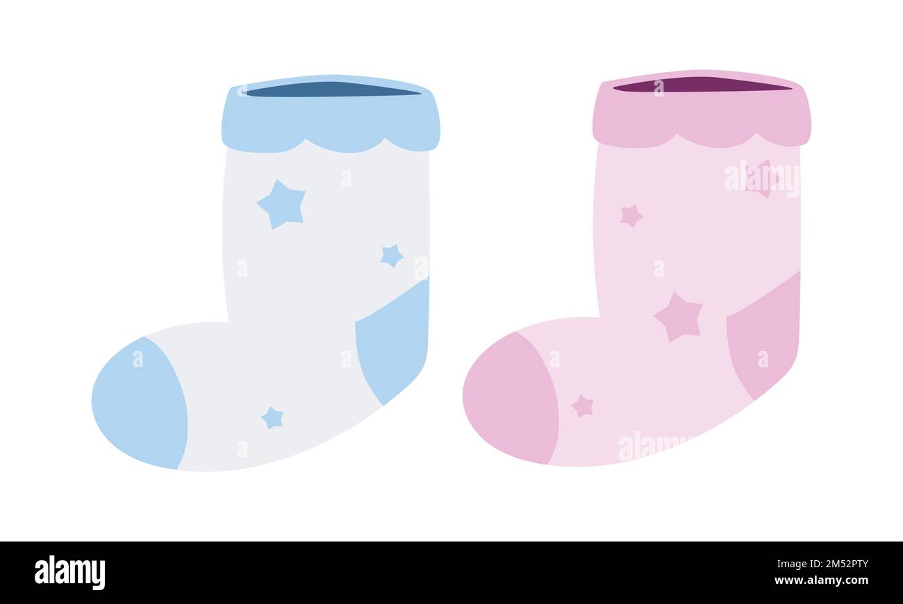 Ensemble de chaussettes pour bébé bleu et rose clipart. Illustration simple de la petite chaussette pour nouveau-né à motif vectoriel plat. Chaussettes pour bébé pour la douche de bébé ou la fête d'anniversaire Illustration de Vecteur