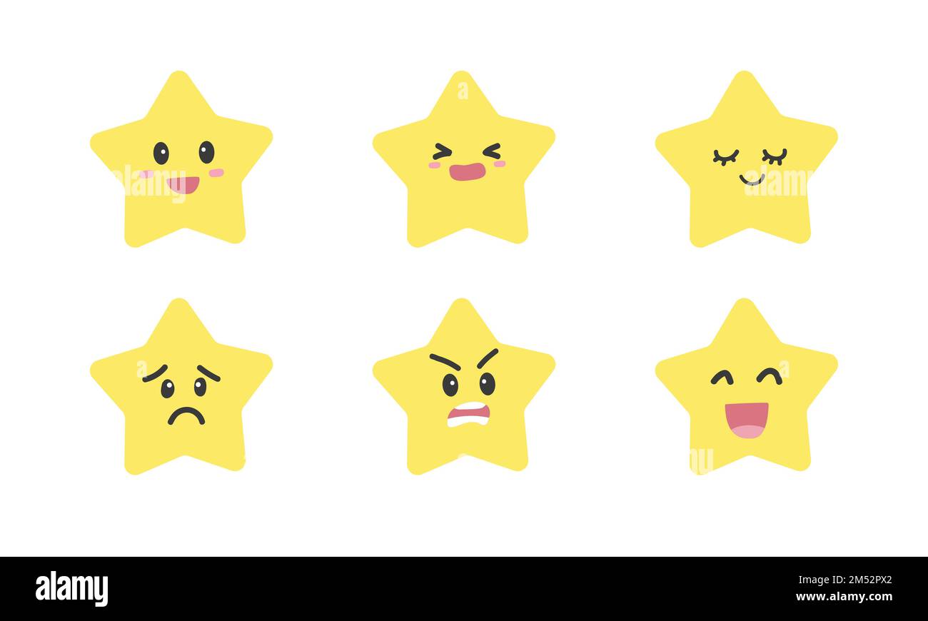 Ensemble vectoriel de douche de bébé mignonne étoiles jaunes avec différentes émotions clipart. Simple personnage mignon, jaune star kawaii face plate illustration vectorielle Illustration de Vecteur