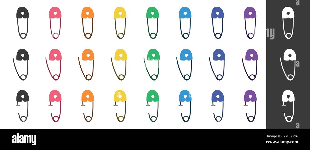 Jeu complet de broches de sécurité multicolores clipart. Illustration vectorielle plate des épingles de sécurité isolée sur fond blanc. Icône de style dessin animé de la goupille de sécurité Illustration de Vecteur
