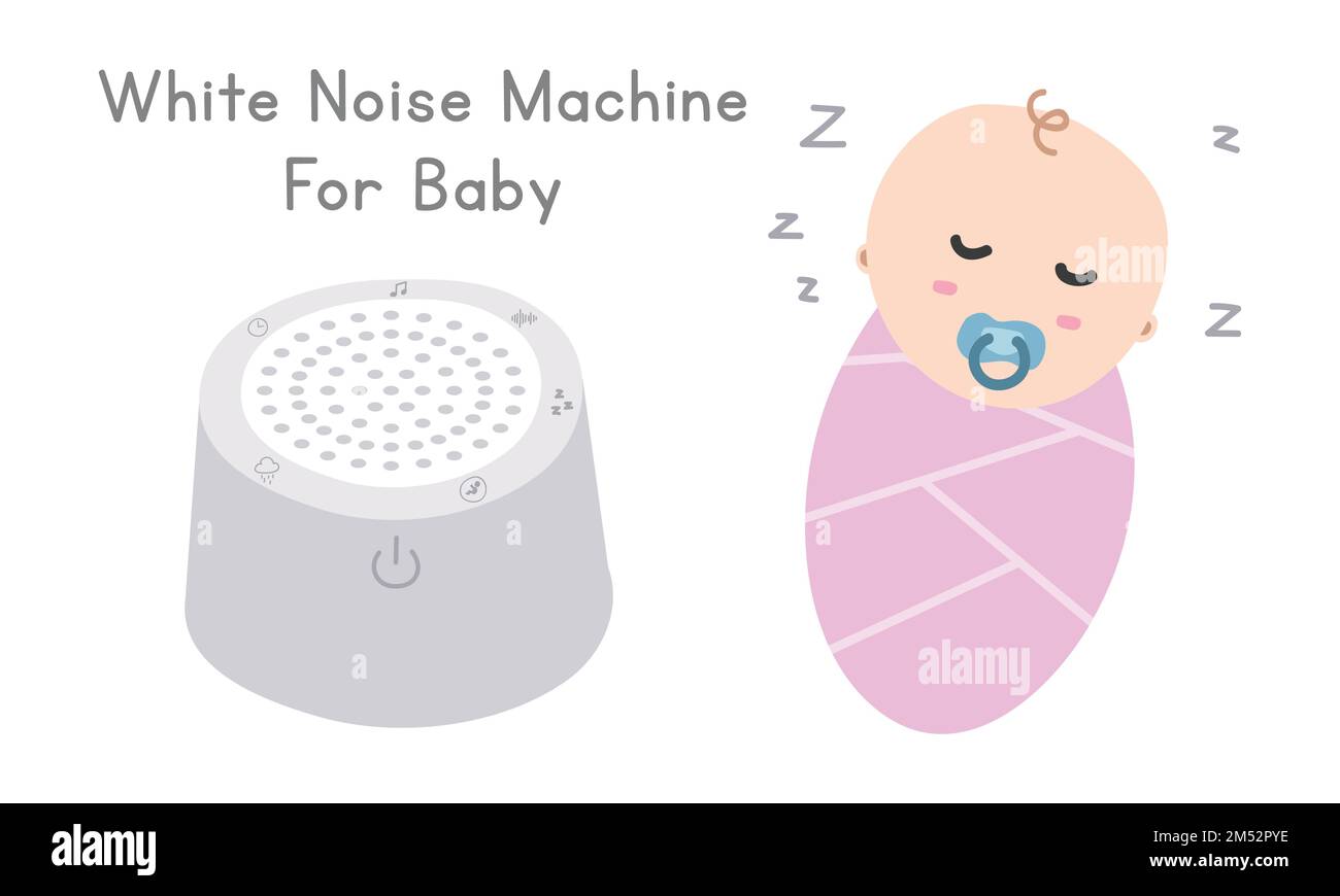 Bruit blanc de bébé clipart machine. Machine à bruit blanc et illustration du vecteur plat de bébé endormi. Berceuses de sommeil à bruit blanc pour nouveau-nés Illustration de Vecteur