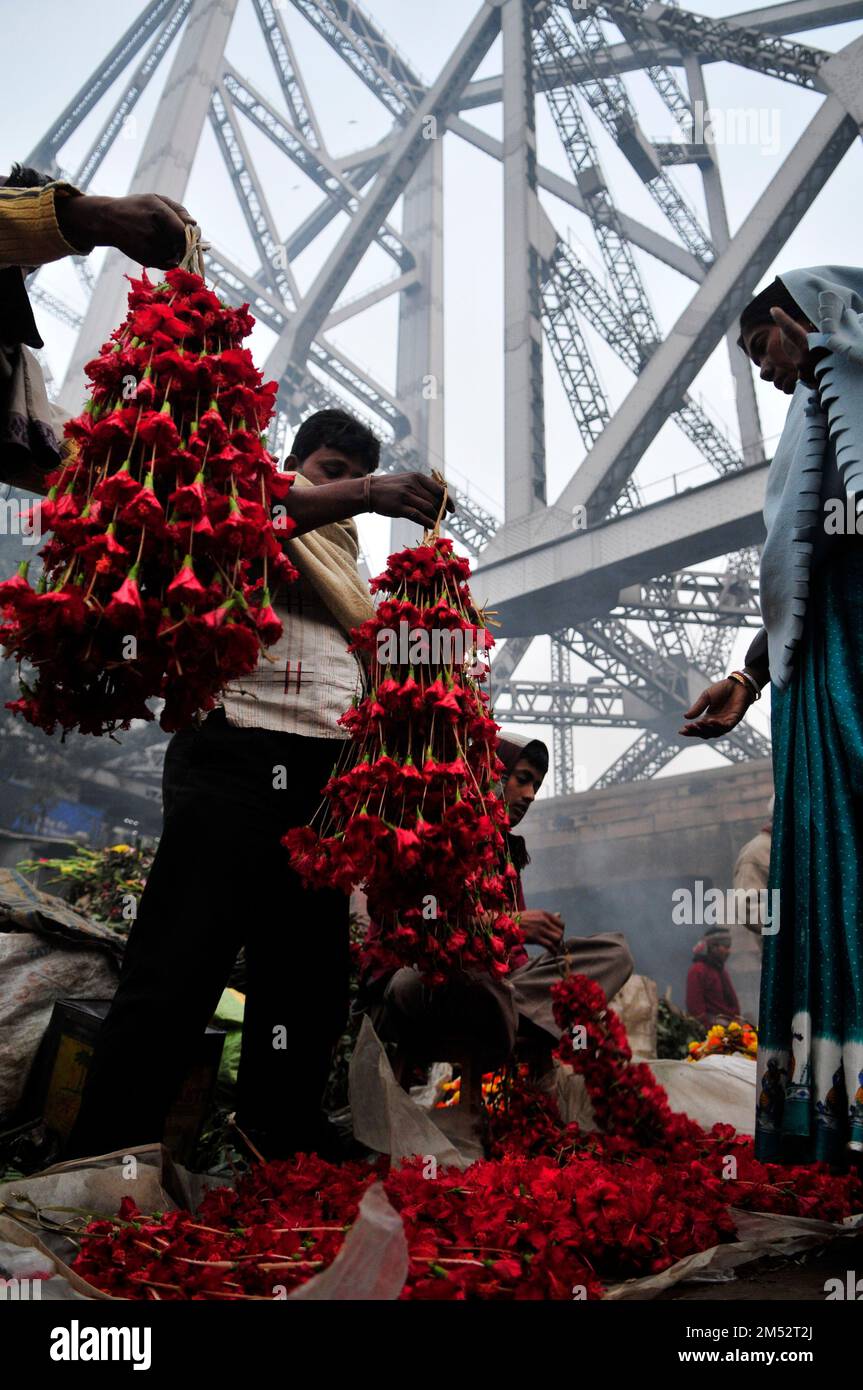 Mallick Ghat est l'un des plus grands marchés de fleurs en Asie. Scènes tôt le matin au marché de Kolkata, Bengale-Occidental, Inde. Banque D'Images