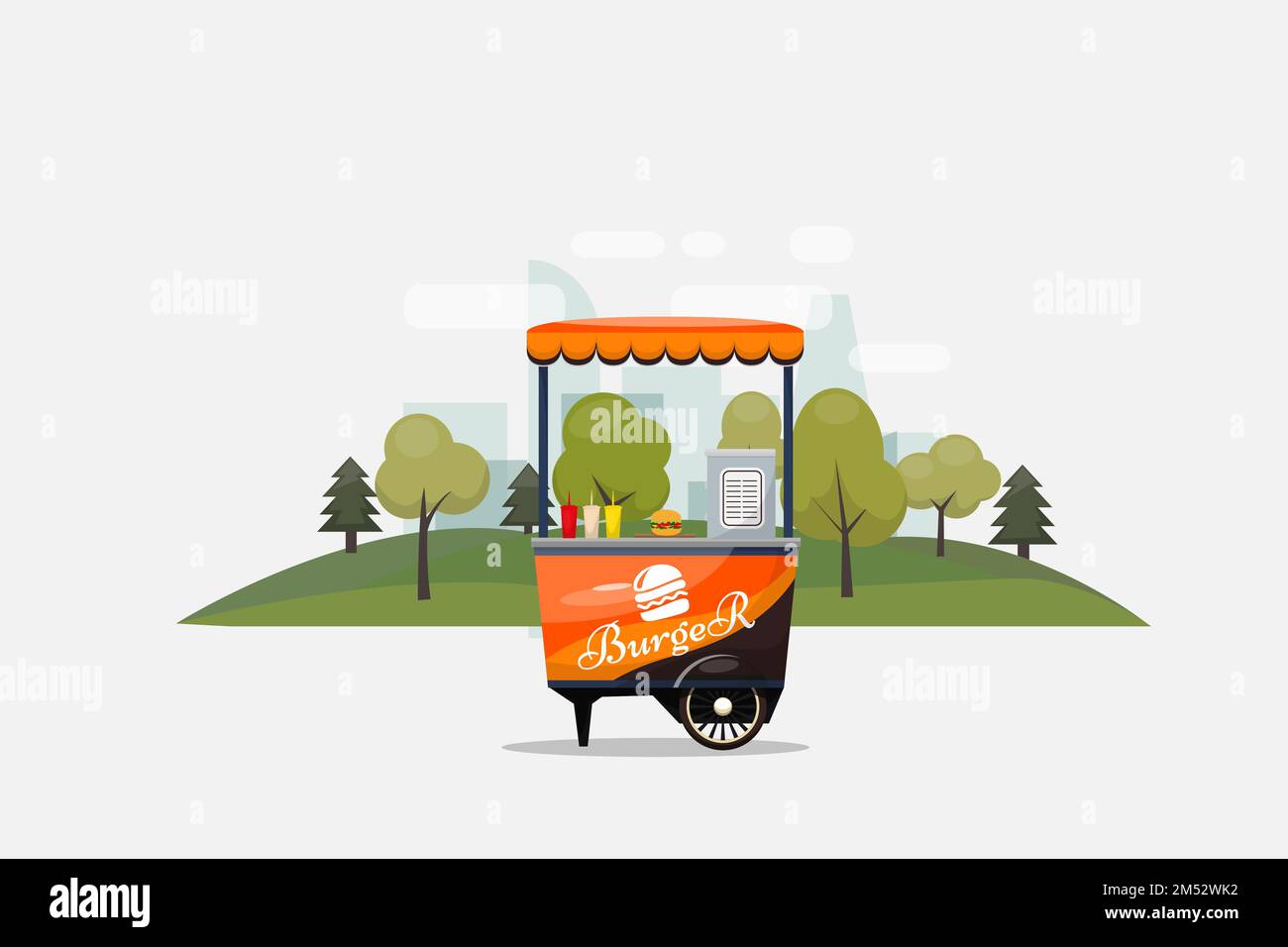 Carte de restauration rapide Burger isolée, kiosque sur roues, vente au détail, petit déjeuner rapide, déjeuner, Illustration et illustration du vecteur de style plat. Sandwich, un café Illustration de Vecteur