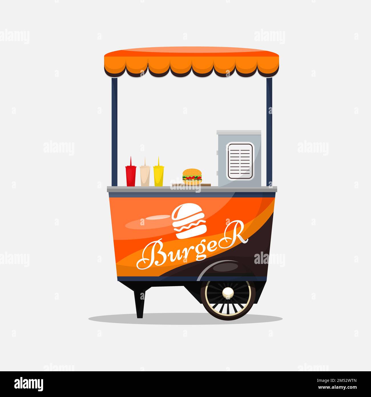 Carte de restauration rapide Burger isolée, kiosque sur roues, vente au détail, petit déjeuner rapide, déjeuner, Illustration et illustration du vecteur de style plat. Sandwich, un café Illustration de Vecteur