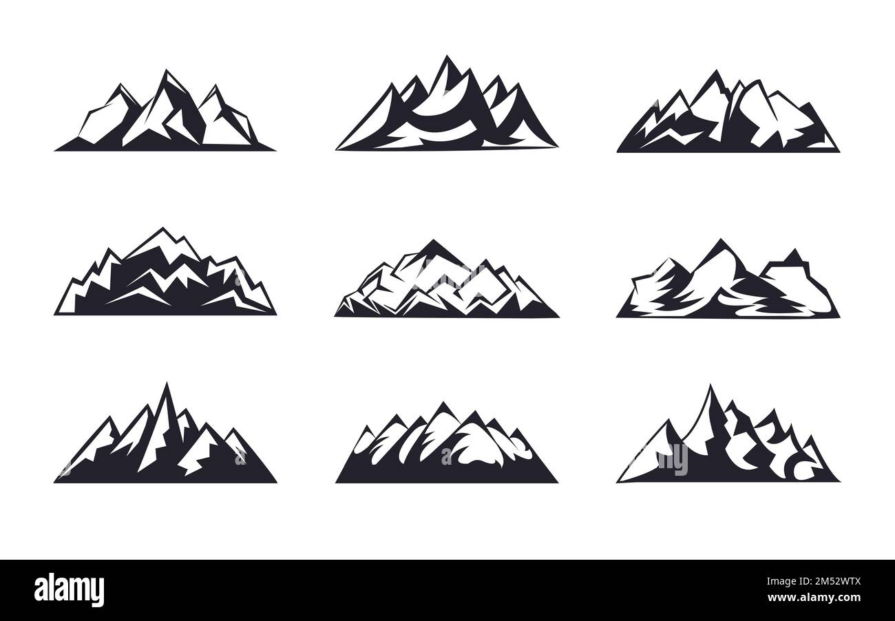 Set Mountains Peaks, ski logo design éléments collection d'icônes isolée sur fond blanc. Illustration vectorielle enquête sur les accidents, randonnée, roche c Illustration de Vecteur