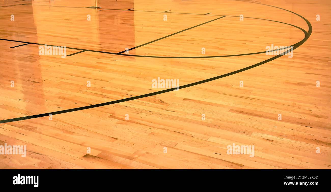 Intérieur d'un terrain de sport intérieur de basket-ball moderne vide, revêtement semi-transparent, parquet, lumière artificielle réfléchie Banque D'Images