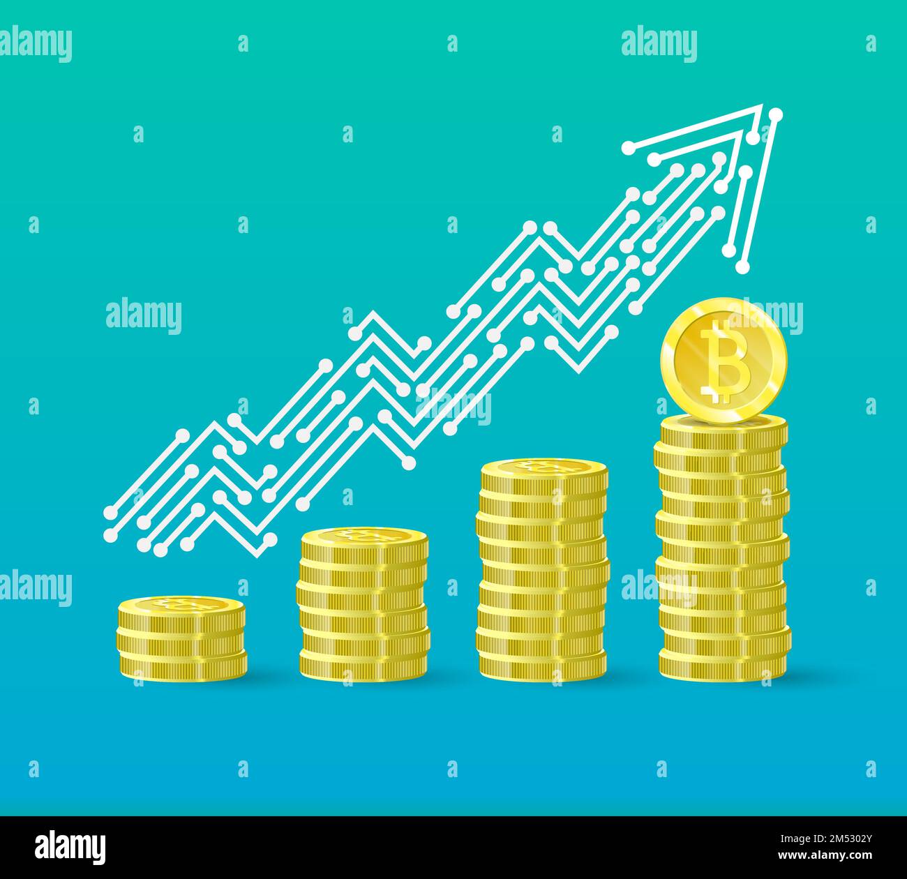 Le diagramme de croissance de la crypto-monnaie du système financier est en croissance. Cours Bitcoin. La ligne de la flèche de tendance vers le haut sous forme de pistes sur t Illustration de Vecteur