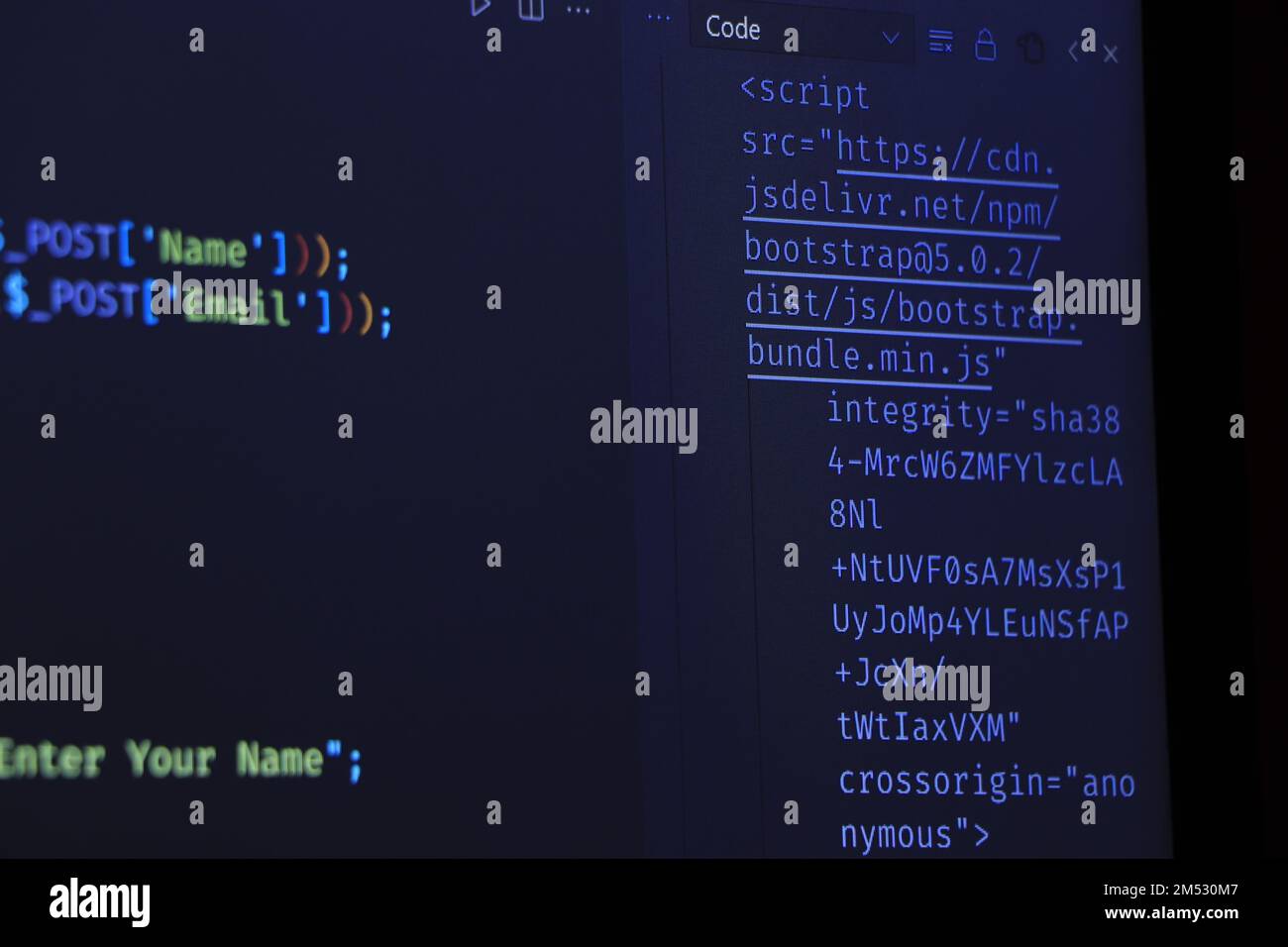 Écran de résumé du code de programmation du développeur de logiciel. Script d'ordinateur Banque D'Images