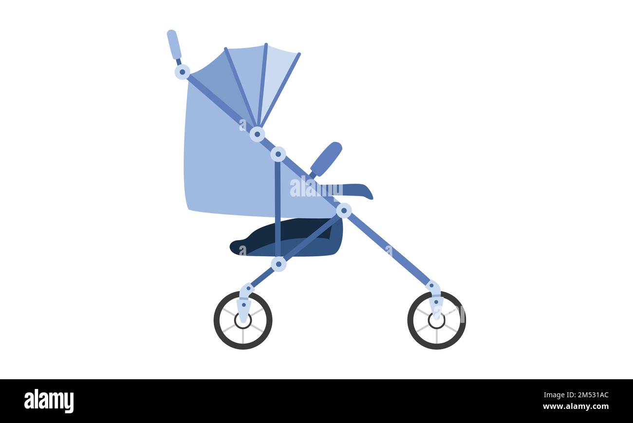 Poussette moderne pour bébé. Illustration simple de poussette de bébé à vecteur plat. Enfants, enfant bébé poussette vue latérale icône de style de dessin animé Illustration de Vecteur