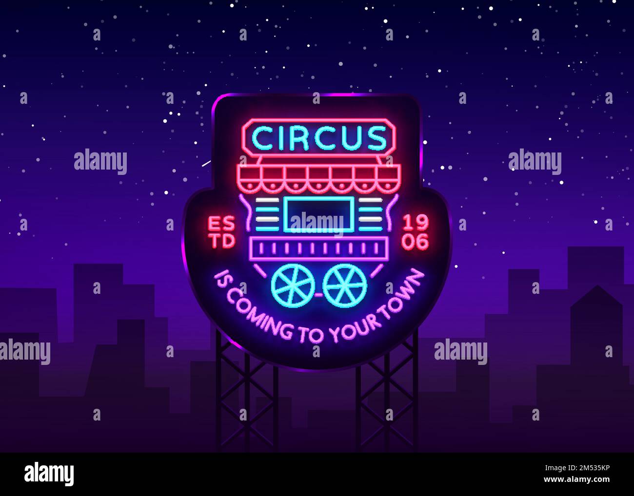 Logo camion de cirque au néon. Modèle de conception avec remorques. Enseigne néon, bannière lumineuse, élément de design, publicité de nuit lumineuse pour vos projets. S Illustration de Vecteur