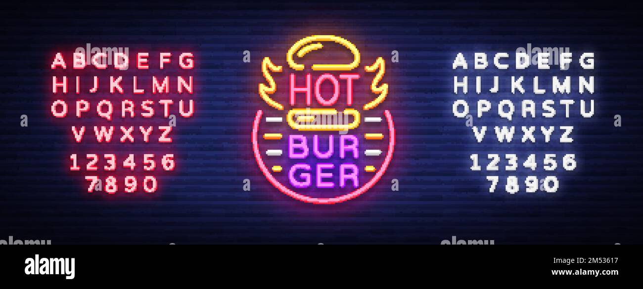 Enseigne au néon Hot Burger. Fastfood hamburger logo néon, bannière, modèle de design, publicité de nuit néon pour le dîner, restaurant, snack bar, rue FO Illustration de Vecteur