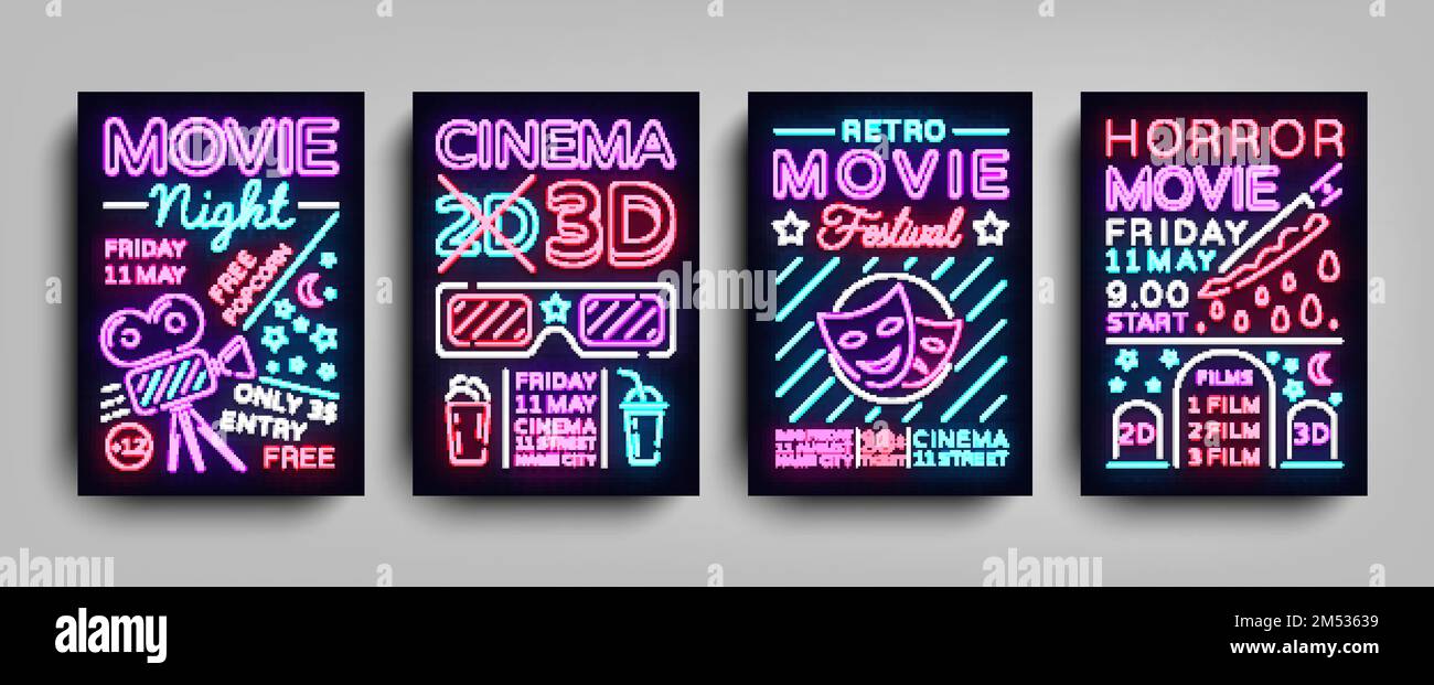 Films 3D collection affiches modèles de conception dans le style néon. Mettre en place l'enseigne néon, la bannière lumineuse, la circulaire lumineuse, la carte postale typographique, la brochure, advertis Illustration de Vecteur