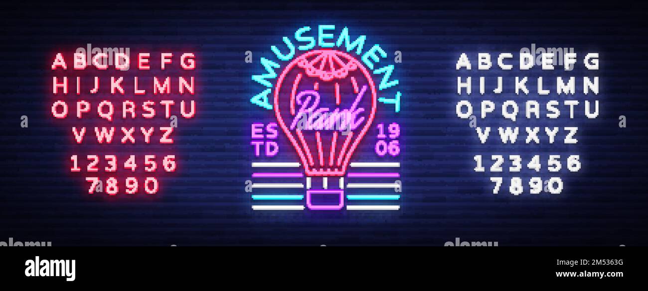 Logo du parc d'attractions dans un style néon. Modèle de conception avec bulle. Enseigne néon, bannière lumineuse, élément de design, publicité de nuit lumineuse pour vos projets Illustration de Vecteur