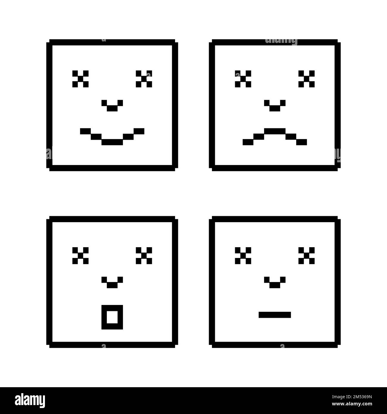 Faces linéaires en pixels avec émotions dans le carré. Vecteur d'icônes plates Illustration de Vecteur