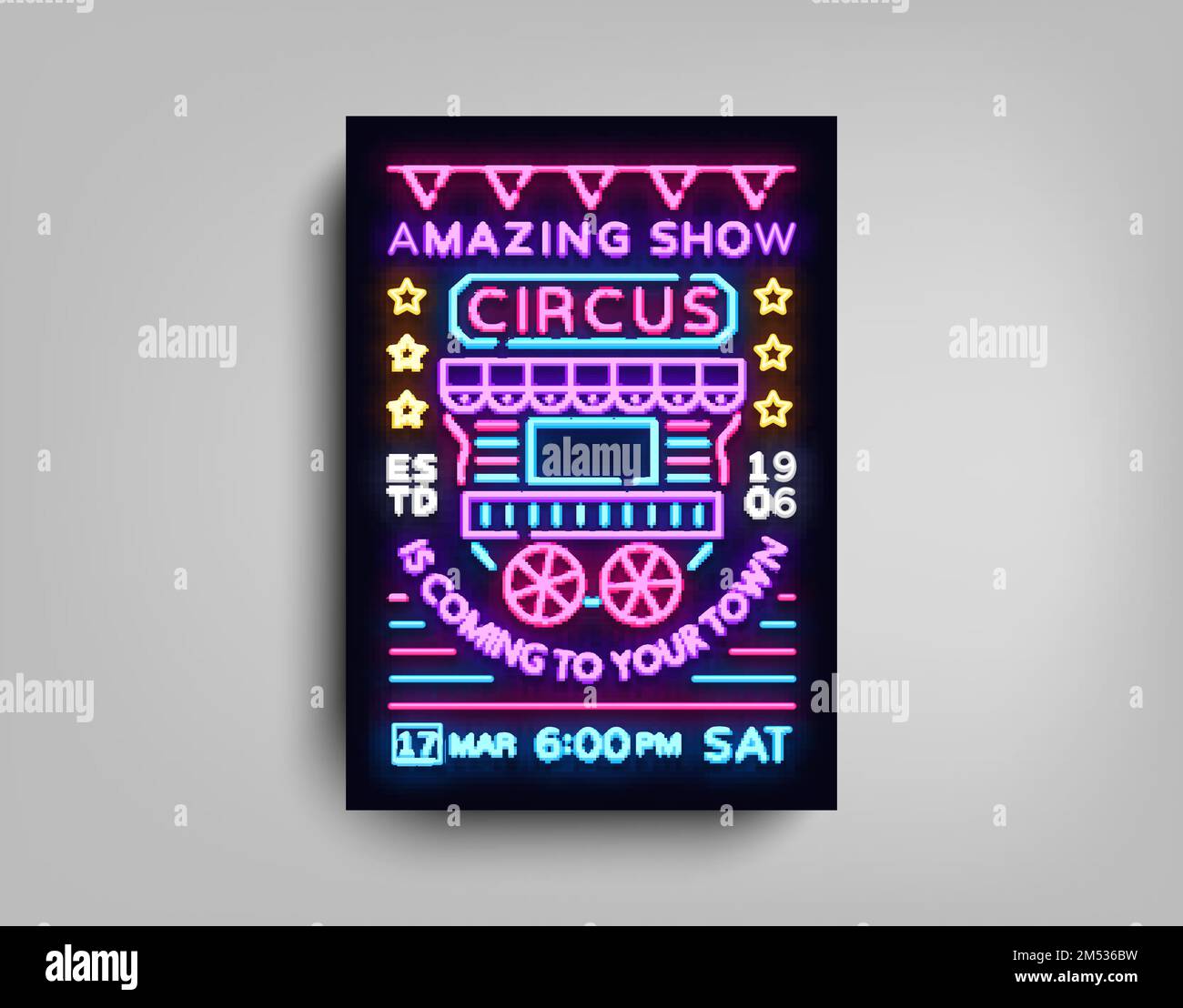 Modèle d'affiche de cirque de style néon. Affiche de cirque sur le néon, tente, bannière lumineuse, brochure lumineuse, prospectus néon, Vie nocturne animée du spectacle Circus. Illustration de Vecteur