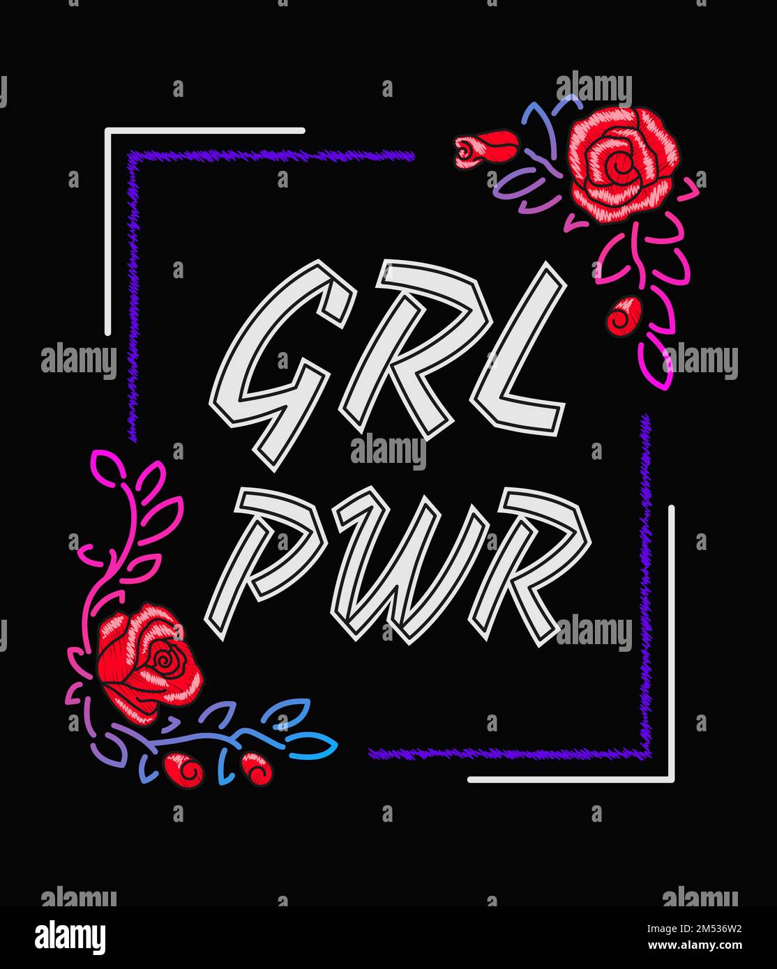 Girl Power - texte féminisme, motif Rock brodé pour t-shirt, patch de mode ou badge. Broderie avec roses pour groupe de filles de rock. PIN ou patches dans v Illustration de Vecteur