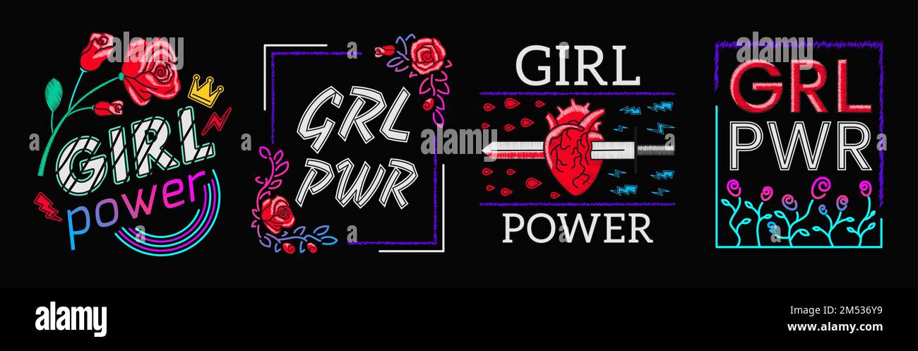 Girls Power is Collection – T-shirt à motif brodé et imprimé texte. Texte féministe, imprimé rock. Texte tendance avec roses. Patches de gang pour filles, badges T-SH Illustration de Vecteur