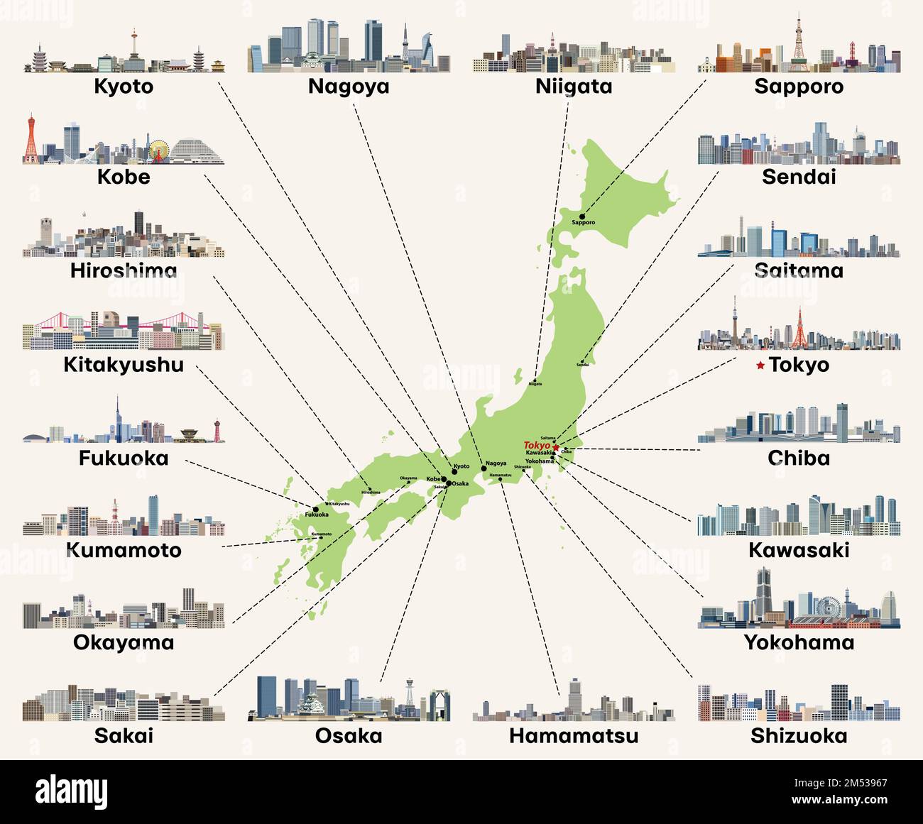 Carte du Japon avec les principales villes de gratte-ciel. Illustration vectorielle Illustration de Vecteur