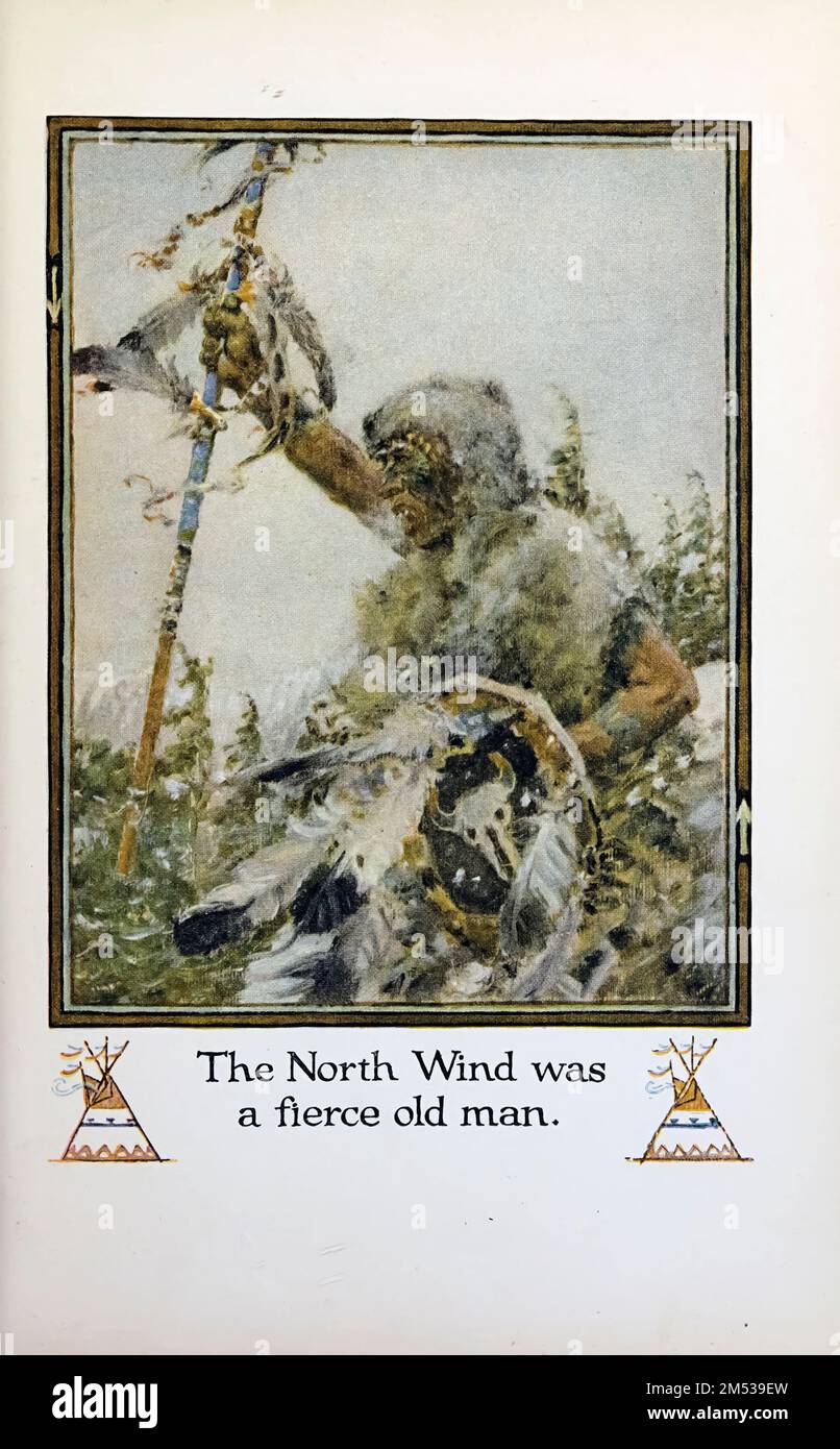 Le North Wirnd était un vieil homme féroce illustré par John Rae dans le livre « American Indian Fairy Tales » de William Trowbridge Larned, publication date 1921 Publisher New York, P. F. Voland Banque D'Images