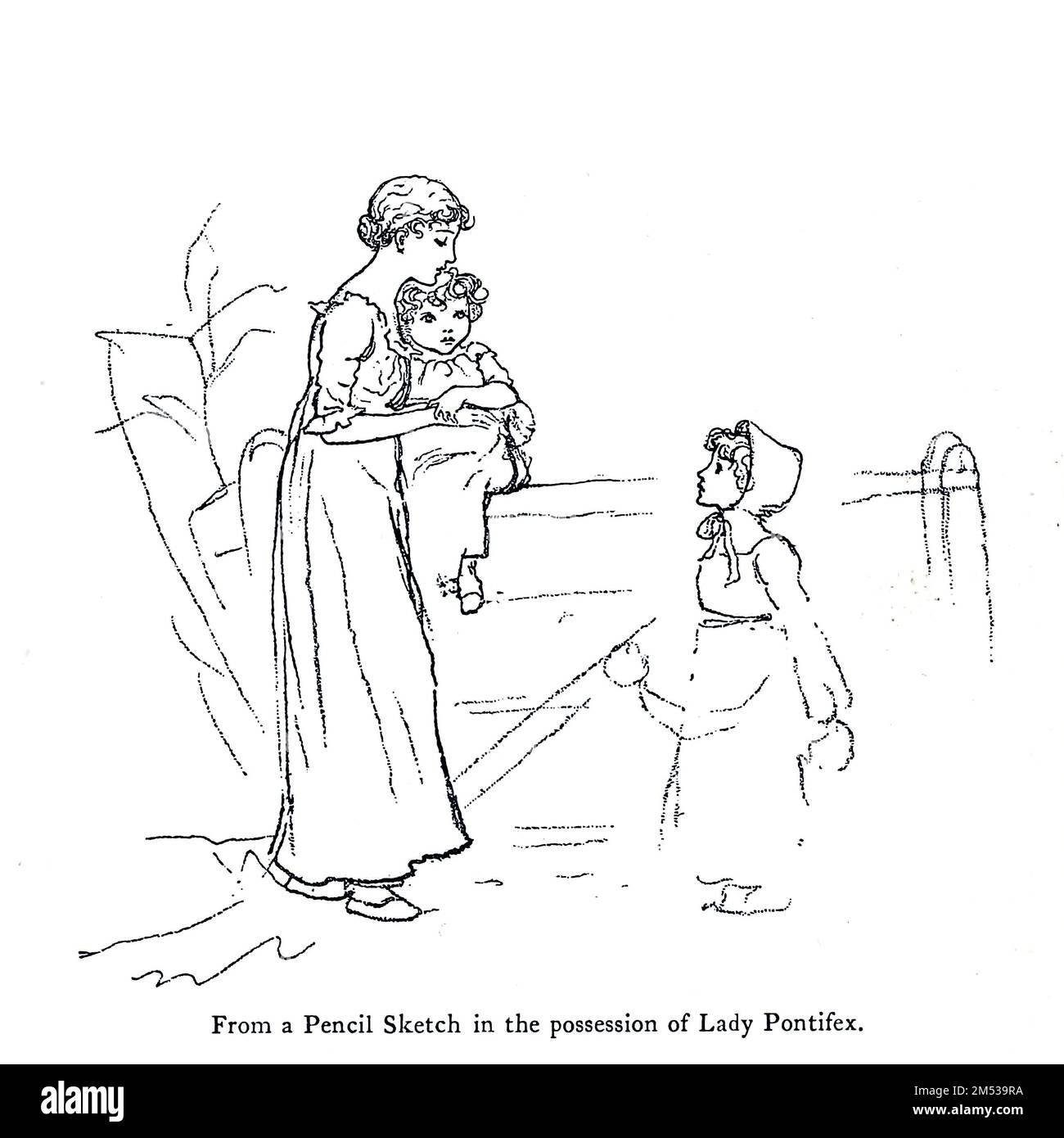 Family Pencil Sketch de Kate Greenaway du livre « Kate Greenaway » de Marion Harry Spielmann, 1858-1948; et George Somes Layard, publié par G.P. Les fils de Putnam à New York et A et C. Black à Londres en 1905 Banque D'Images