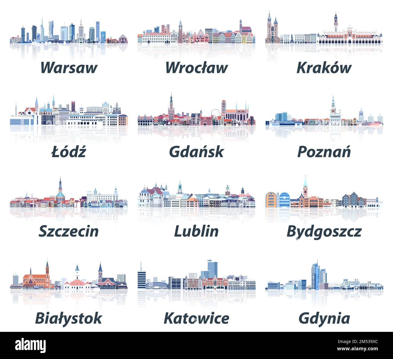 Pologne villes gratte-ciel dans les tons froids doux palette de couleurs ensemble de vecteur. Style esthétique de cristal Illustration de Vecteur