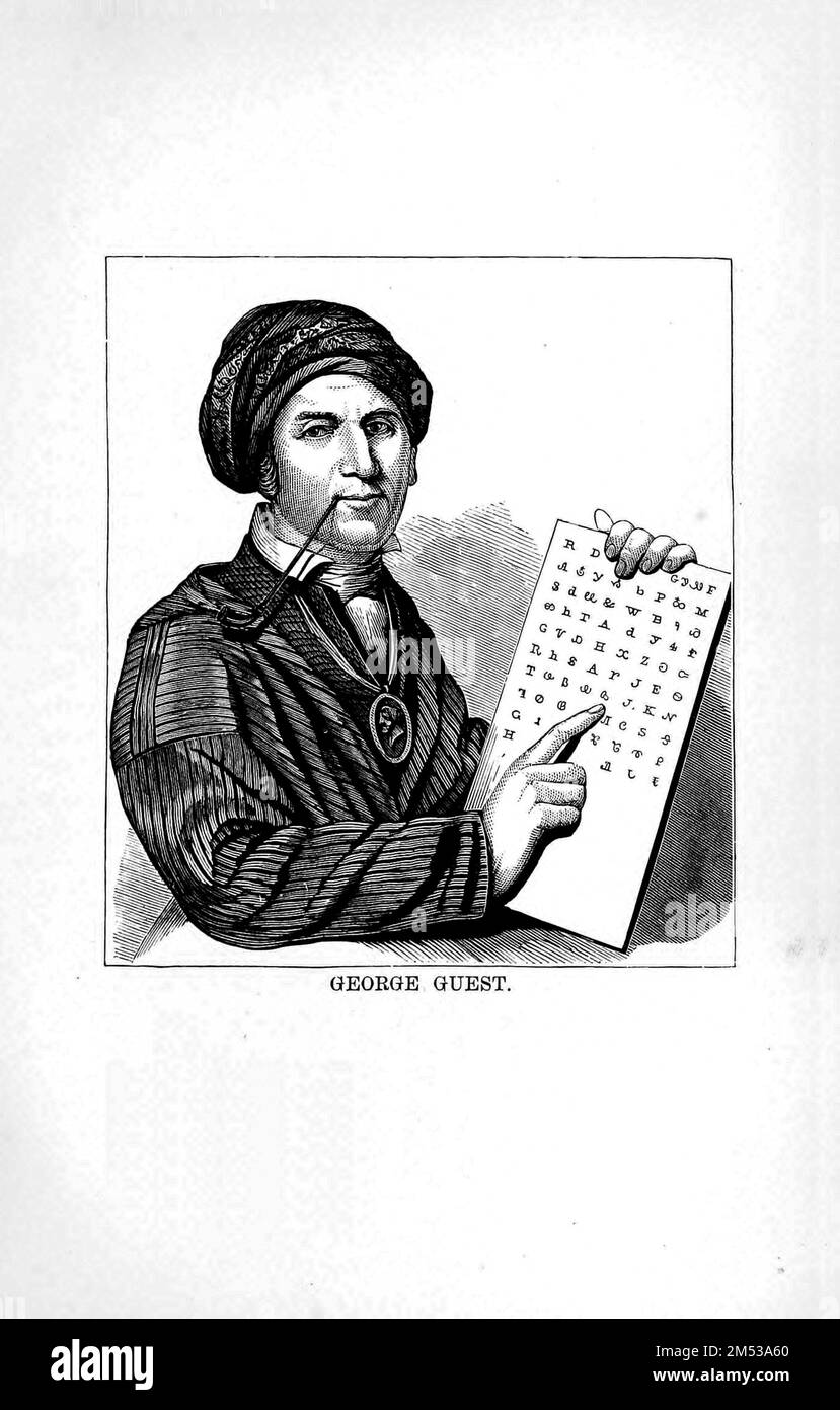 George Guest, la demi-race [Sequoyah (vers 1770 – août 1843), également connue sous le nom de George Gist ou George Guess, était un polymath amérindien de la nation Cherokee. En 1821, il termine sa création indépendante du syllabaire Cherokee, rendant possible la lecture et l'écriture dans Cherokee. Sa réalisation a été l'une des rares fois dans l'histoire enregistrée qu'une personne qui était membre d'un groupe de pré-alphabétisés a créé un système original et efficace d'écriture. Sa création du syllabaire a permis à la nation Cherokee d'être l'un des premiers groupes autochtones nord-américains à avoir une langue écrite. Sequo Banque D'Images