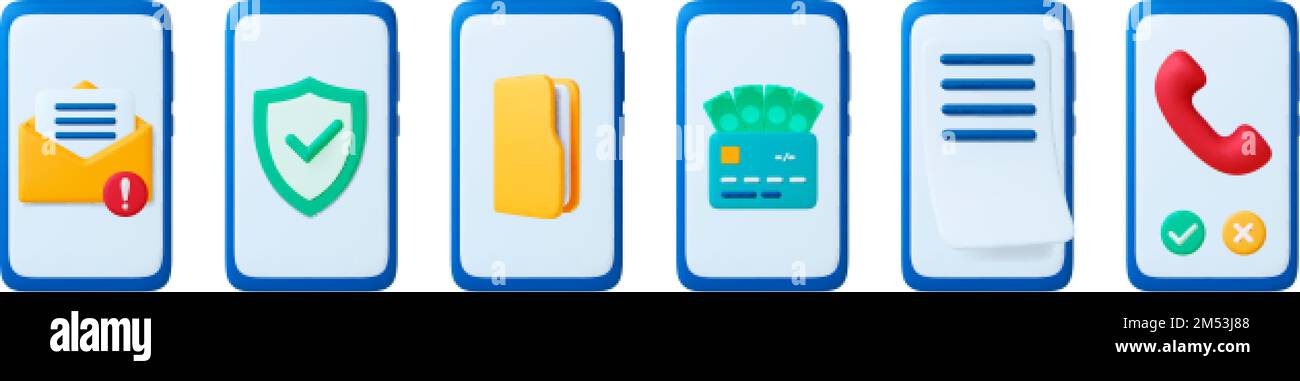 Téléphone 3D icônes, paiement mobile et documents numériques. Sécurité isolée des smartphones, des agents de messagerie et des technologies. Appel entrant, cartes et facture sur vecteur Illustration de Vecteur