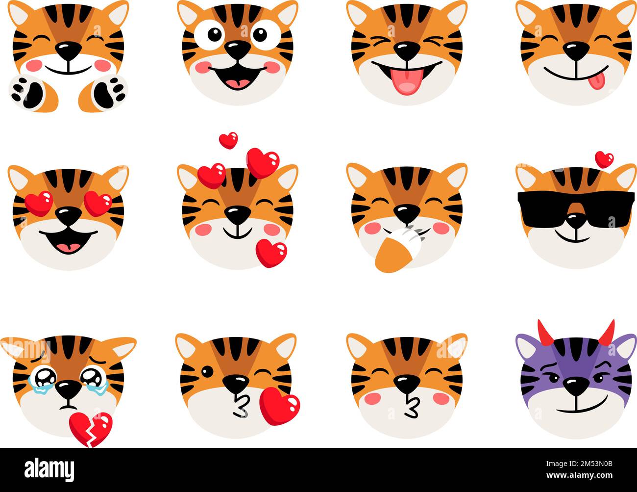 Dessins animés tête d'animaux mignons avec des expressions du visage. Icônes Tiger ensemble d'émoticônes illustration vectorielle isolée sur blanc. Têtes de tigres avec émoticônes, personnages de dessins animés, collection de mascottes Illustration de Vecteur