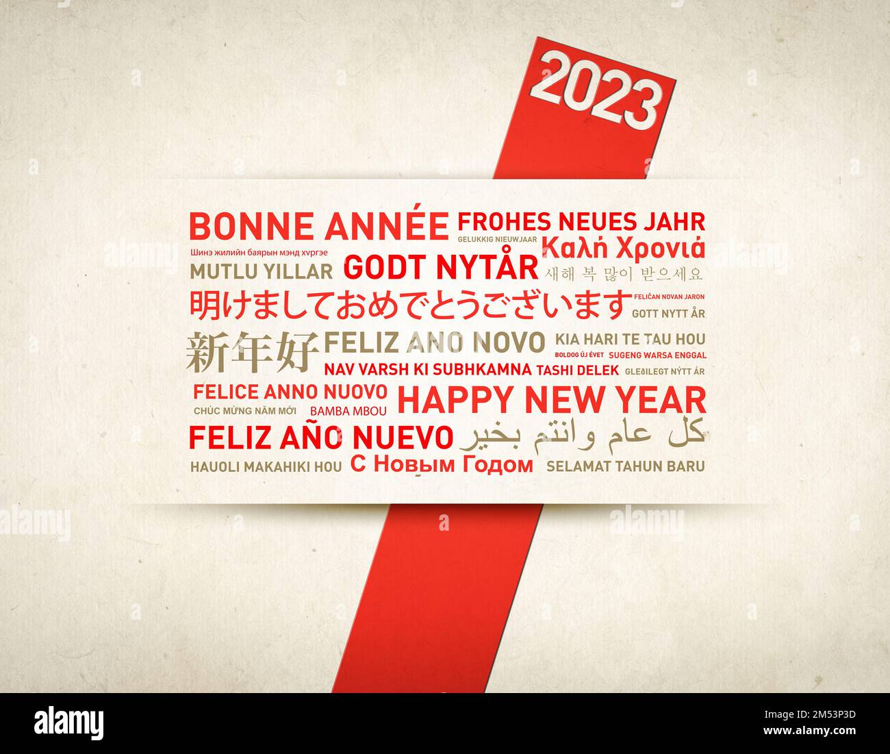 Carte Happy 2023 New Year vintage greenings du monde dans différentes langues Banque D'Images