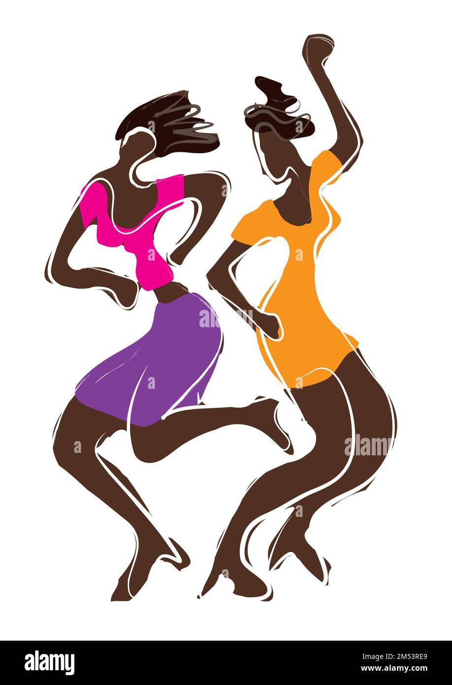 Danseuse disco, filles noires attirantes. Illustration colorée expressive de deux femmes dansantes. Isolé sur fond blanc. Vecteur disponible. Illustration de Vecteur