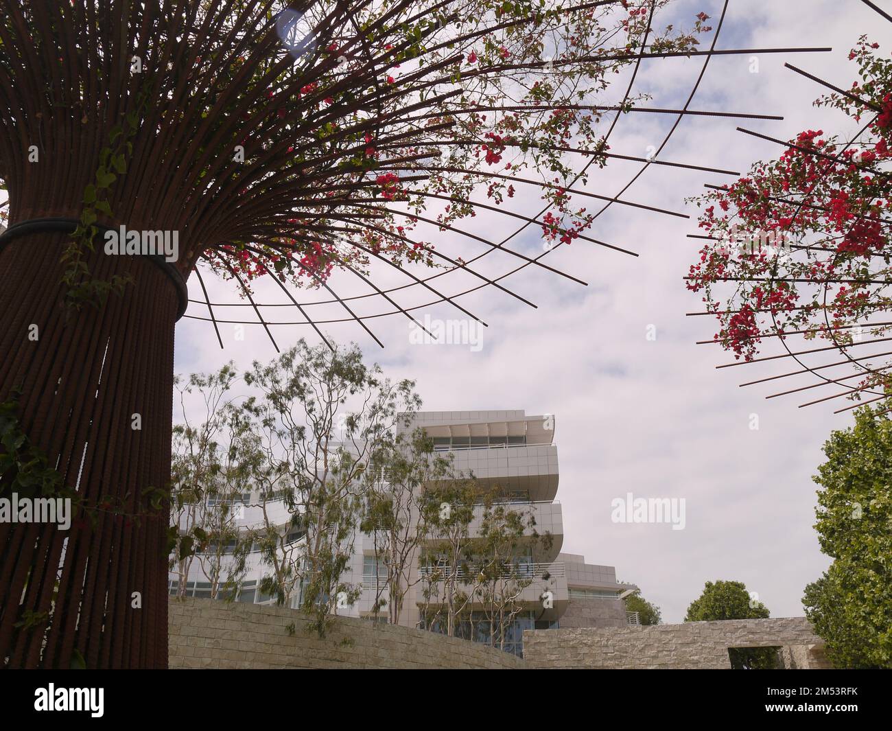 Getty Centre encadré par le treillis de bougainvilliers dans le jardin central Banque D'Images