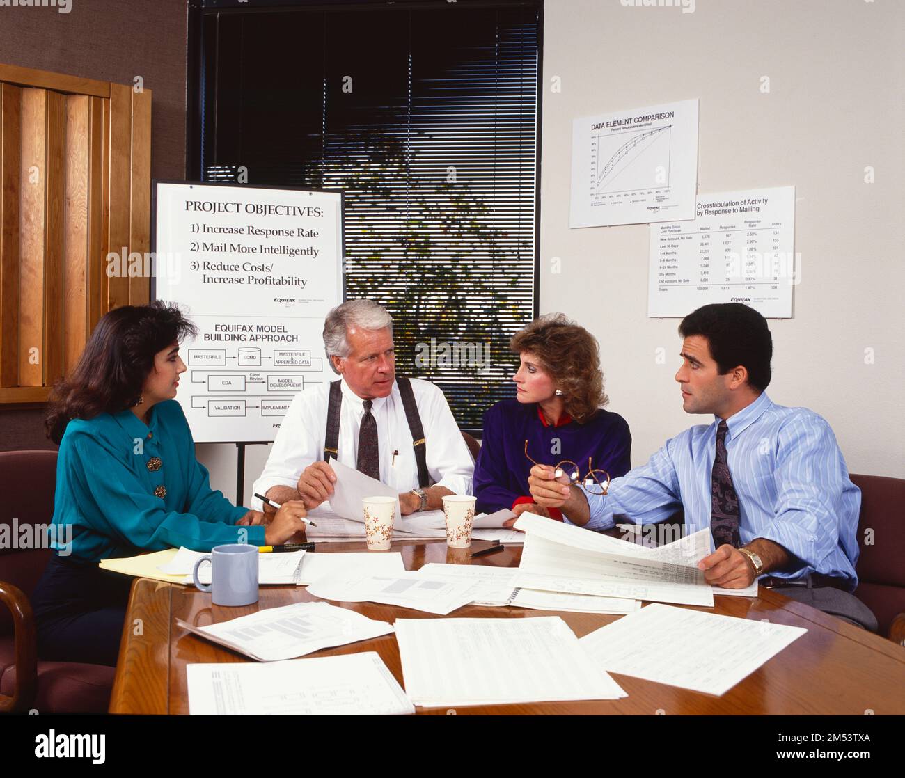 Hommes d'affaires et femmes d'affaires assis autour de la table de conférence discutant des dossiers de travail sur la table, chevalet en arrière-plan Banque D'Images