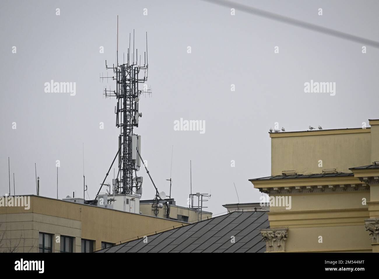 Un mât avec antennes mobiles est vu à Varsovie, en Pologne, le 25 décembre 2022. L’Office polonais des communications électroniques (UKE) a entamé des consultations pour la mise aux enchères de 5G licences. Le président de l'UKE, Jacek Oko estime que l'État polonais pourrait gagner jusqu'à PLN2 milliards de dollars de la vente aux enchères. (Photo de Jaap Arriens / Sipa USA) Banque D'Images