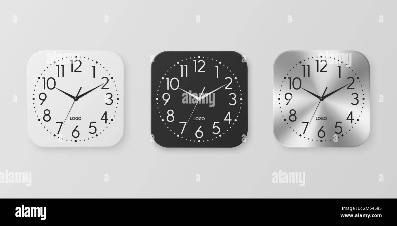 Vector 3D Realistic White, Black, Silver Square Wall Office Clock Icon Set, Design Template Isolated. Cadran, maquette d'horloge murale pour marquage et Illustration de Vecteur