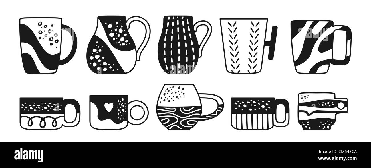 Tasse mug tendance motif et formes différents ensemble de gravure. Vaisselle de table en céramique faite pour un style noir et blanc. Thé café boissons thé. Porcelaine tasses mugs taches, à pois ornement vecteur Illustration de Vecteur