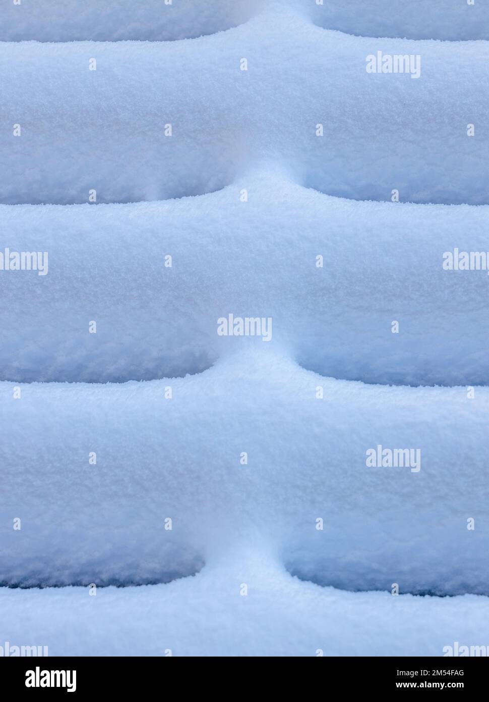 Surface blanche recouverte de neige. Planches de bois recouvertes de neige fondante. Banque D'Images