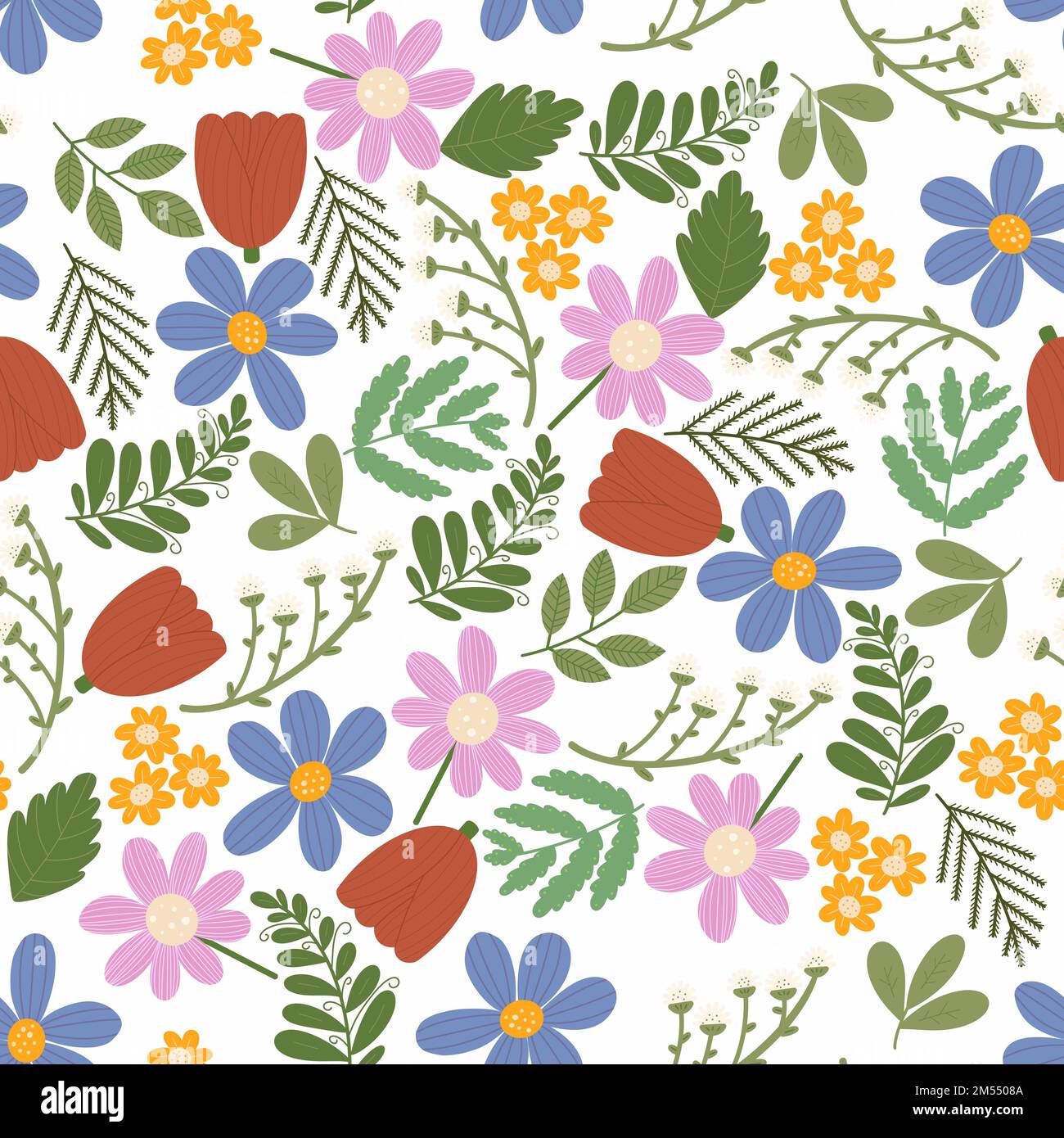 Joli motif sans couture avec fleurs sauvages colorées isolées sur fond blanc. Imprimé moderne pour le textile, le tissu et l'emballage Banque D'Images