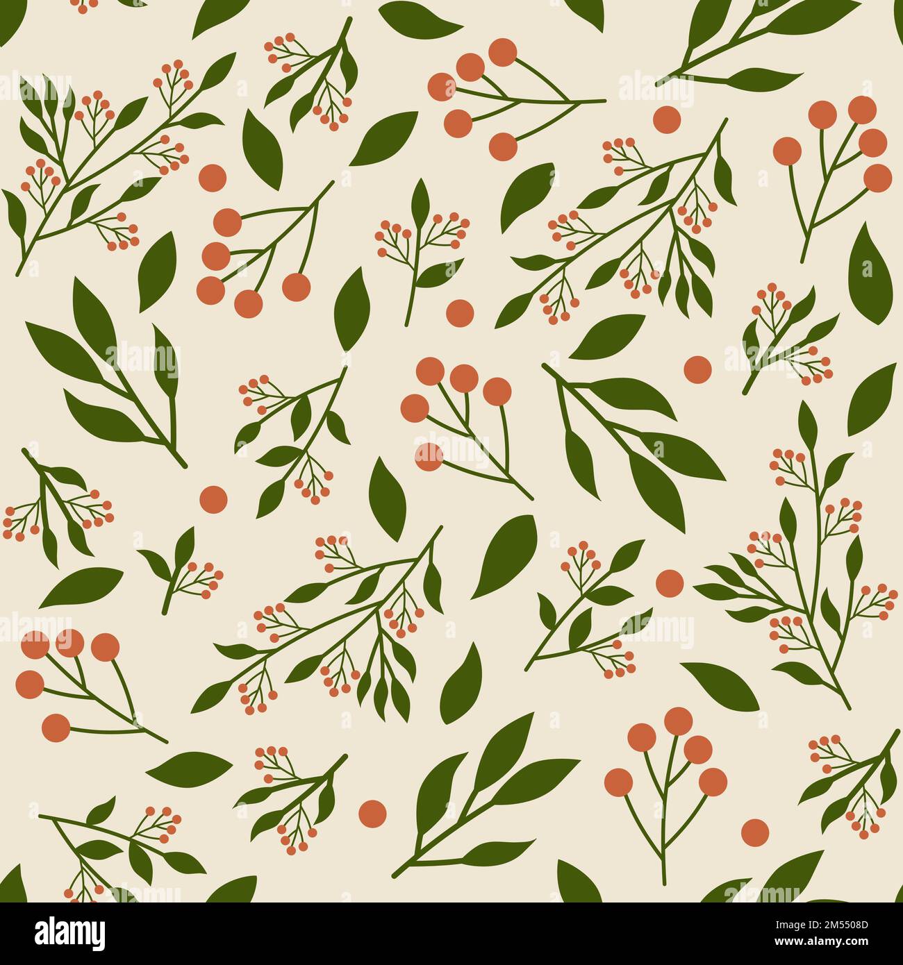 Motif sans couture avec brunchs isolés avec feuilles et baies rouges. Motif simple et moderne sur fond beige clair. Tons de terre. Banque D'Images