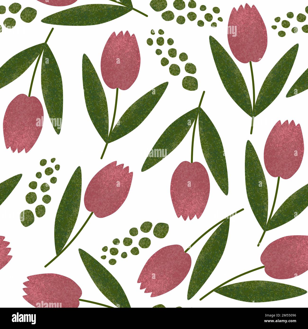 Motif tulipe sans coutures. Fond floral avec fleurs roses texturées dessinées à la main, feuilles et branches sur fond blanc. Joli motif infini. Banque D'Images